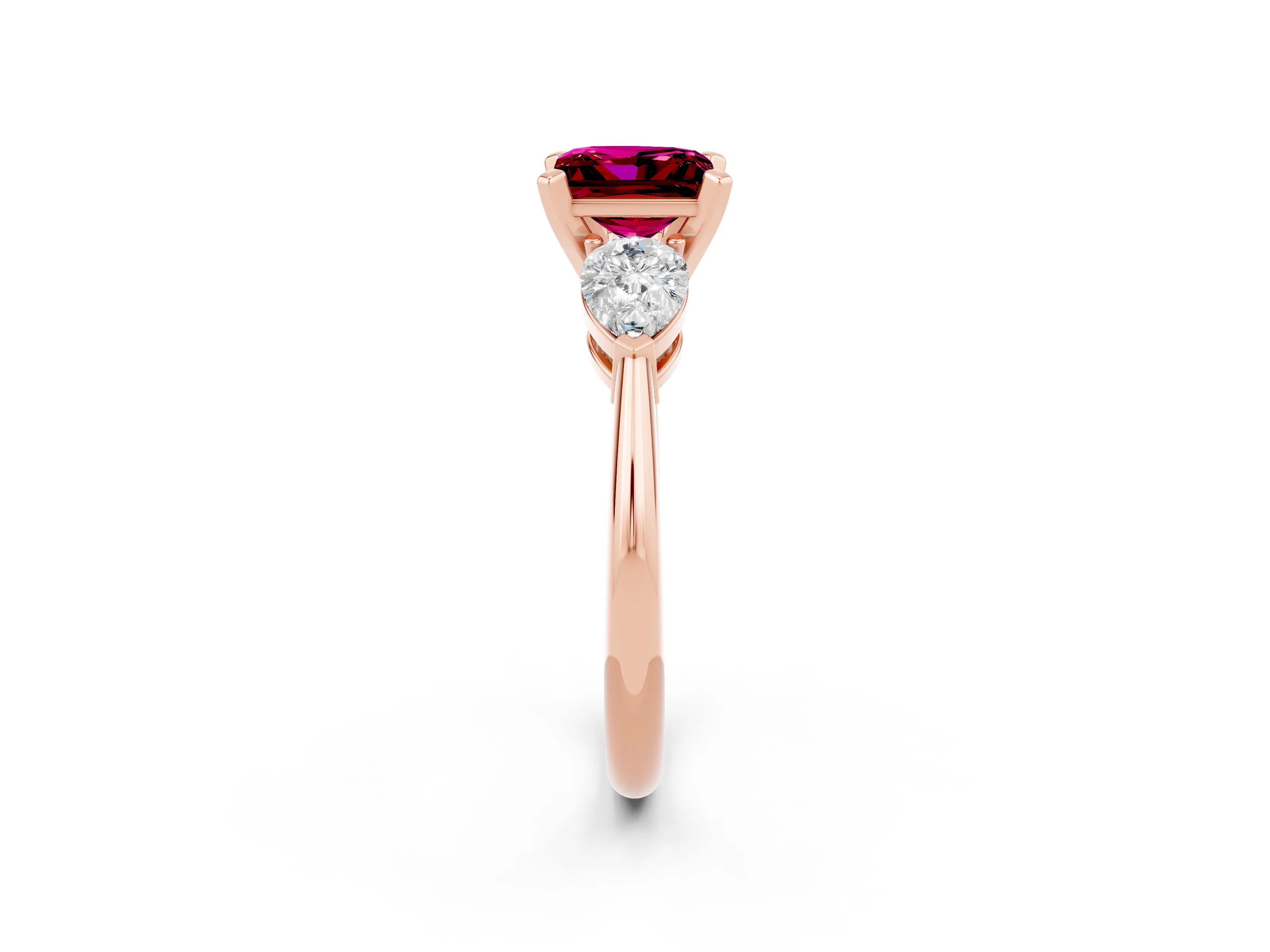 Rose gold Three-Stone Princess Cut Garnet Ring with Pear Side Stones and Four-Prong Setting_2