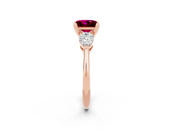 Rose gold Three-Stone Princess Cut Garnet Ring with Pear Side Stones and Four-Prong Setting