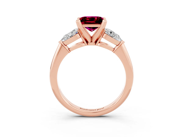 Rose gold Three-Stone Princess Cut Garnet Ring with Pear Side Stones and Four-Prong Setting
