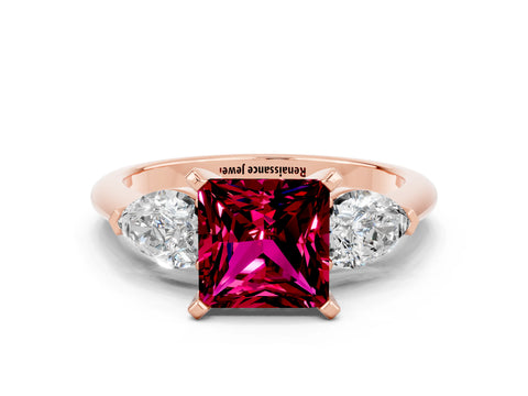 Rose gold Three-Stone Princess Cut Garnet Ring with Pear Side Stones and Four-Prong Setting