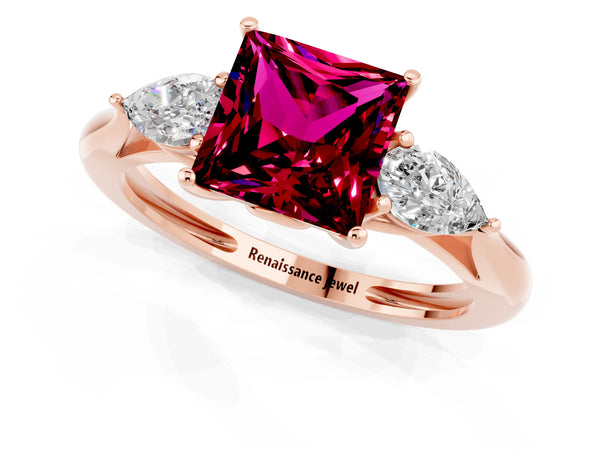 Rose gold Three-Stone Princess Cut Garnet Ring with Pear  Side Stones in Four-Prong Setting