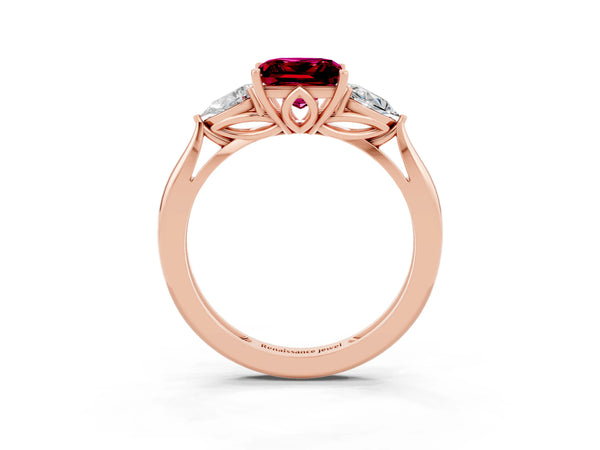 Rose gold Three-Stone Princess Cut Garnet Ring with Pear  Side Stones in Four-Prong Setting