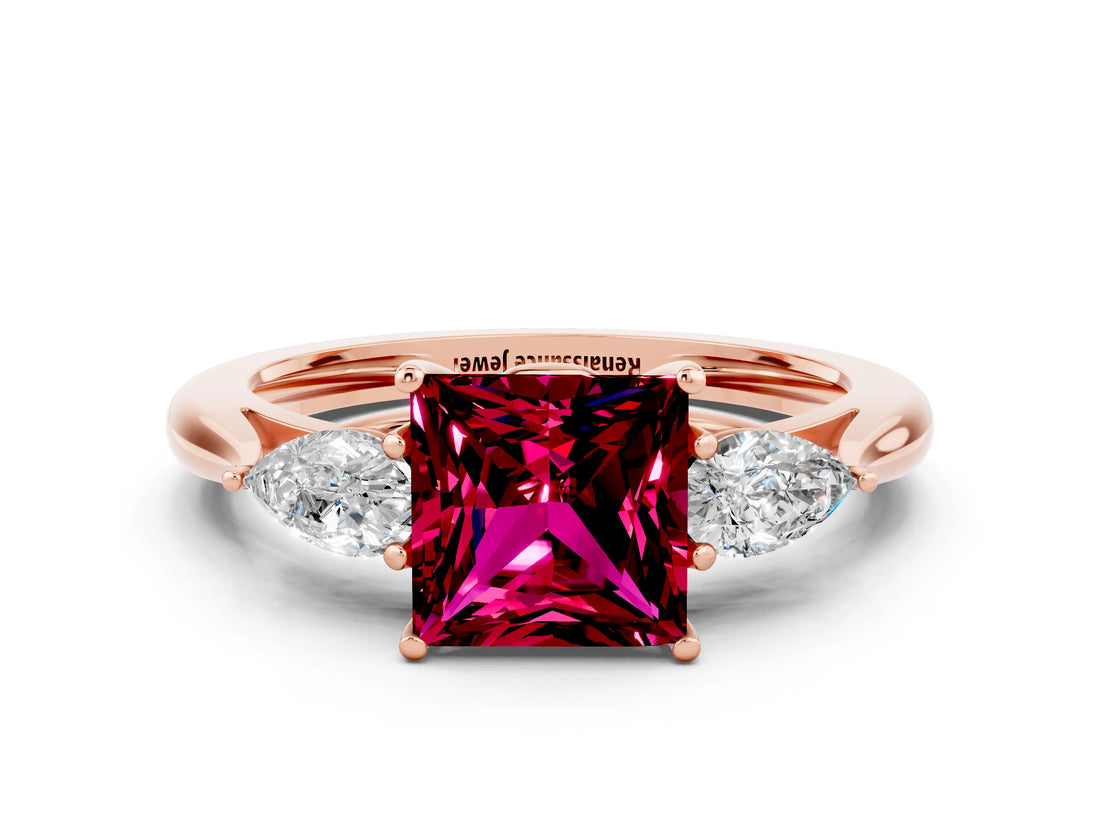 Rose gold Three-Stone Princess Cut Garnet Ring with Pear  Side Stones in Four-Prong Setting_36