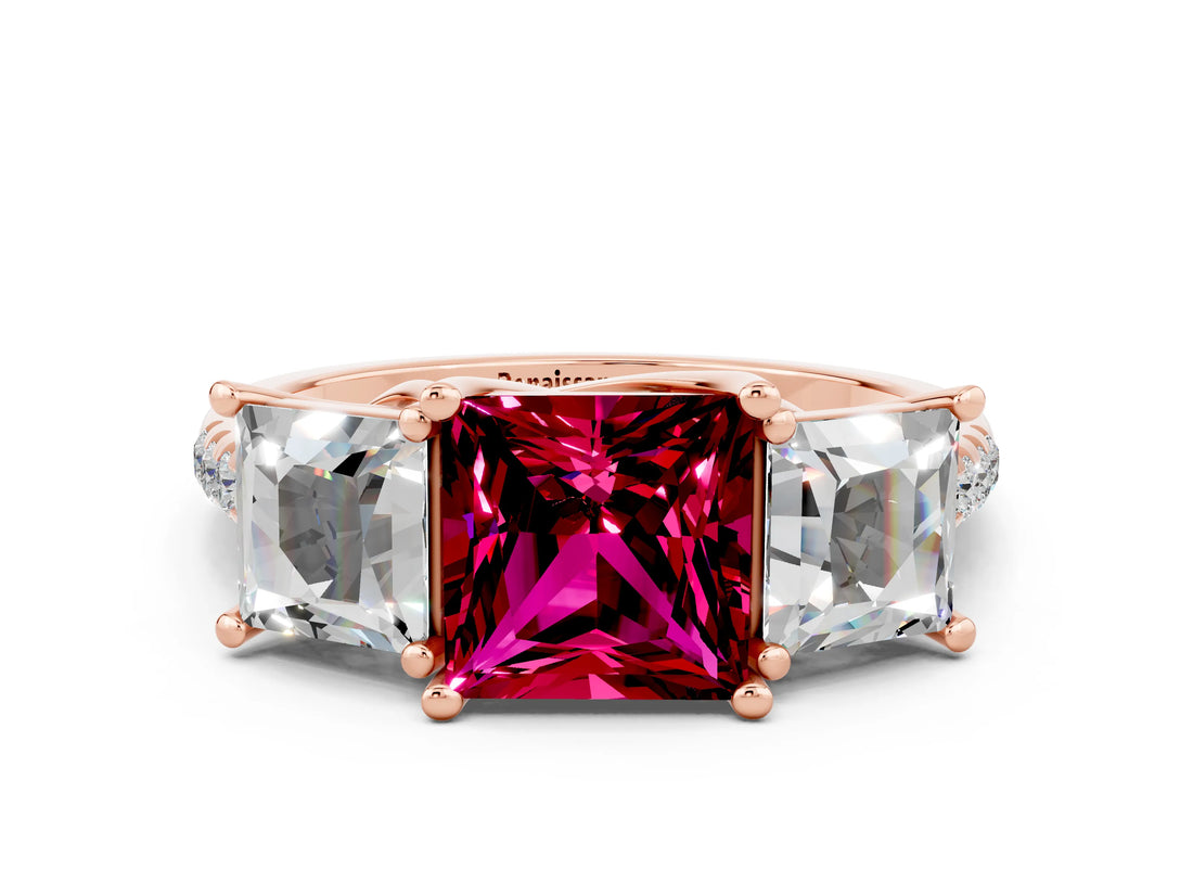 Rose gold Three-Stone Princess Cut Garnet Ring with Round  Pavé Band and Prong Setting_12