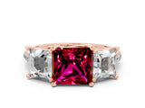 Rose gold Three-Stone Princess Cut Garnet Ring with Round  Pavé Band and Prong Setting_12