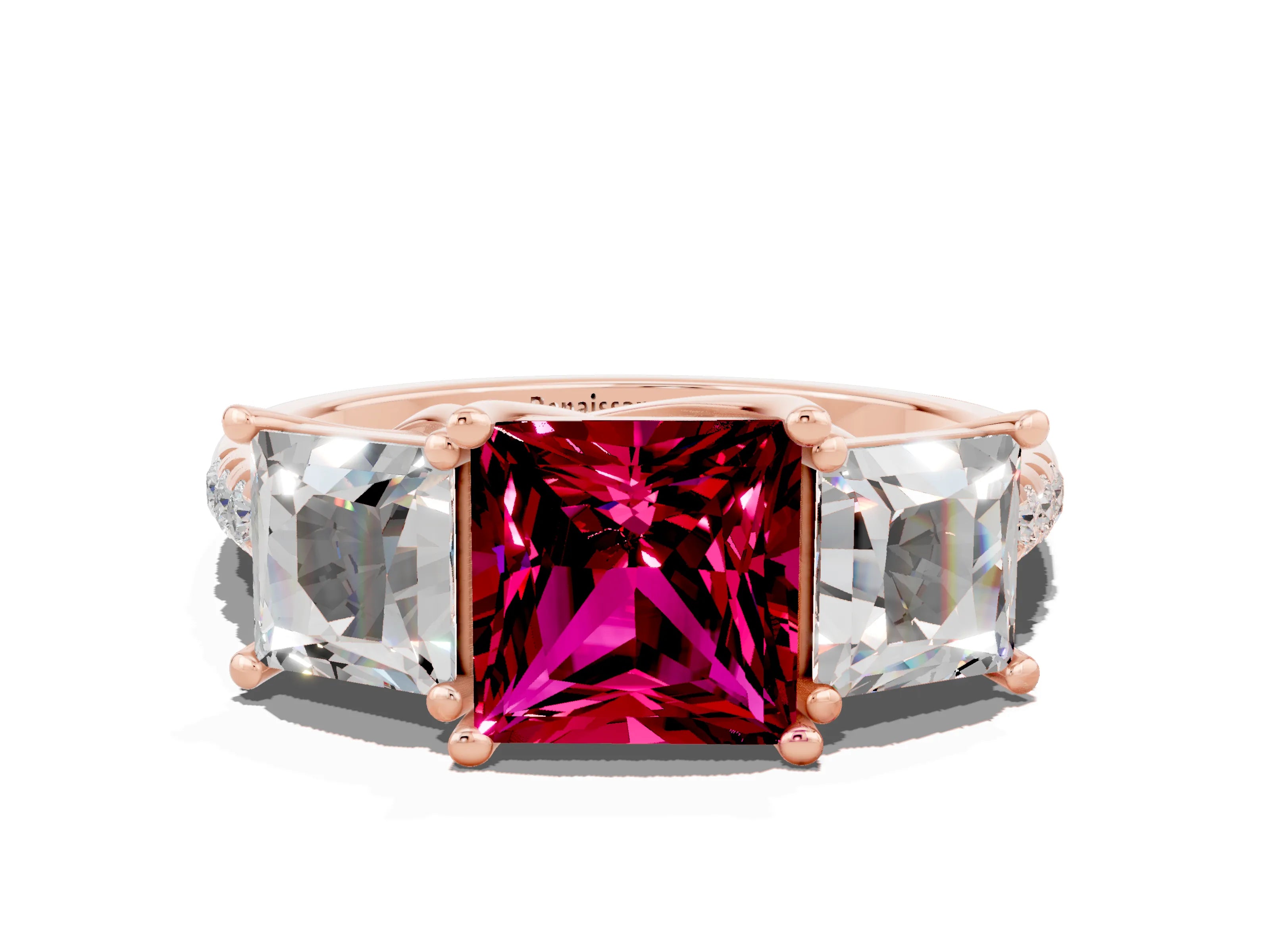 Rose gold Three-Stone Princess Cut Garnet Ring with Round  Pavé Band and Prong Setting_24