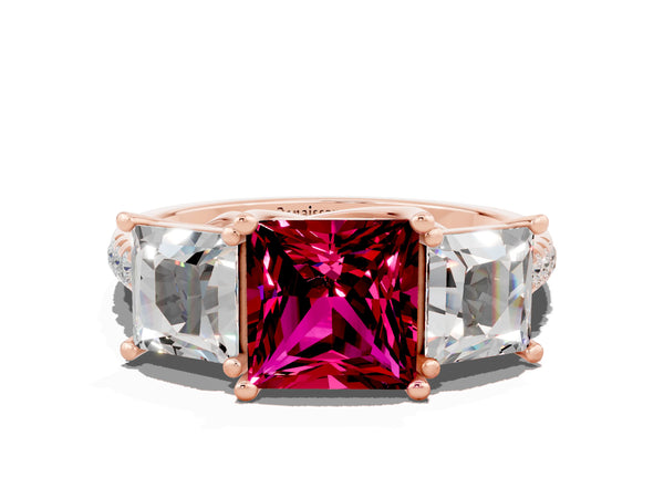 Rose gold Three-Stone Princess Cut Garnet Ring with Round  Pavé Band and Prong Setting