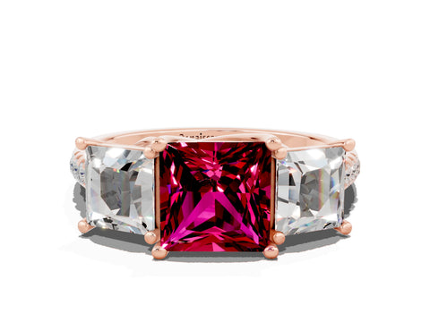 Rose gold Three-Stone Princess Cut Garnet Ring with Round  Pavé Band and Prong Setting_24