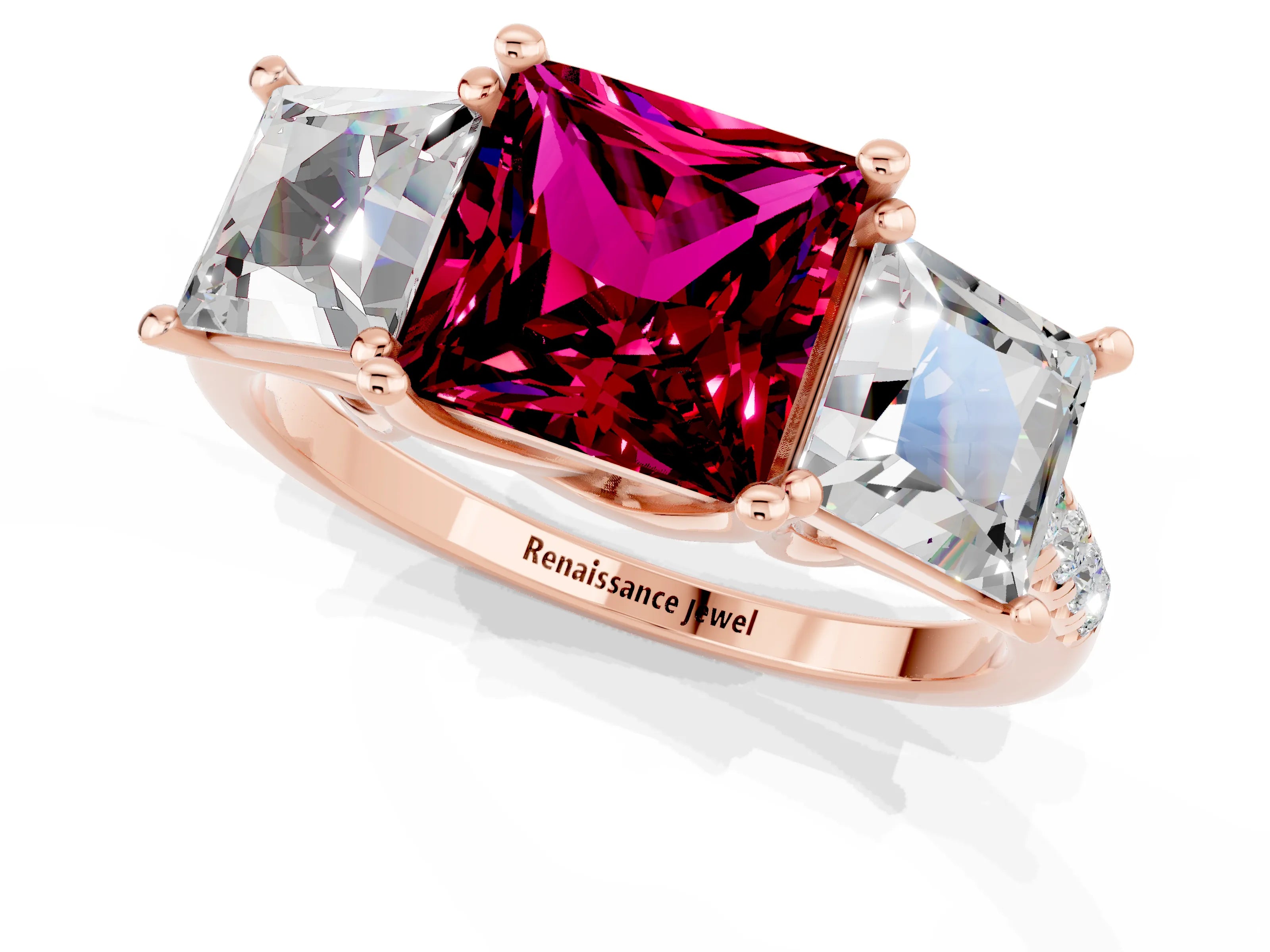 Rose gold Three-Stone Princess Cut Garnet Ring with Round  Pavé Band and Prong Setting_25
