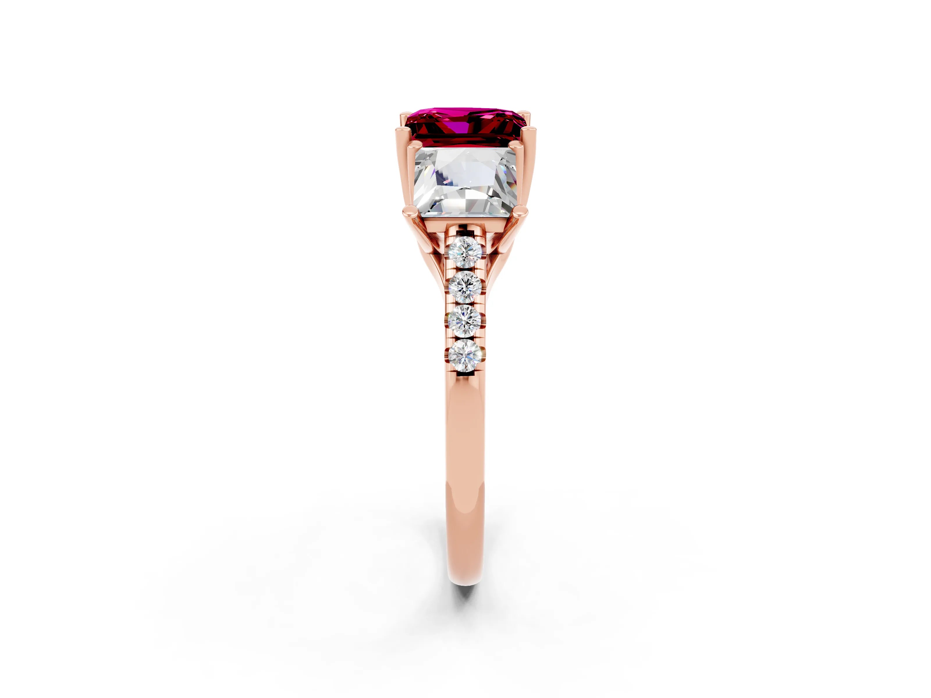 Rose gold Three-Stone Princess Cut Garnet Ring with Round  Pavé Band and Prong Setting_26