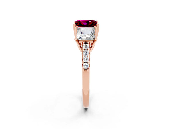 Rose gold Three-Stone Princess Cut Garnet Ring with Round  Pavé Band and Prong Setting