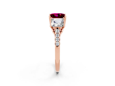 Rose gold Three-Stone Princess Cut Garnet Ring with Round  Pavé Band and Prong Setting_26