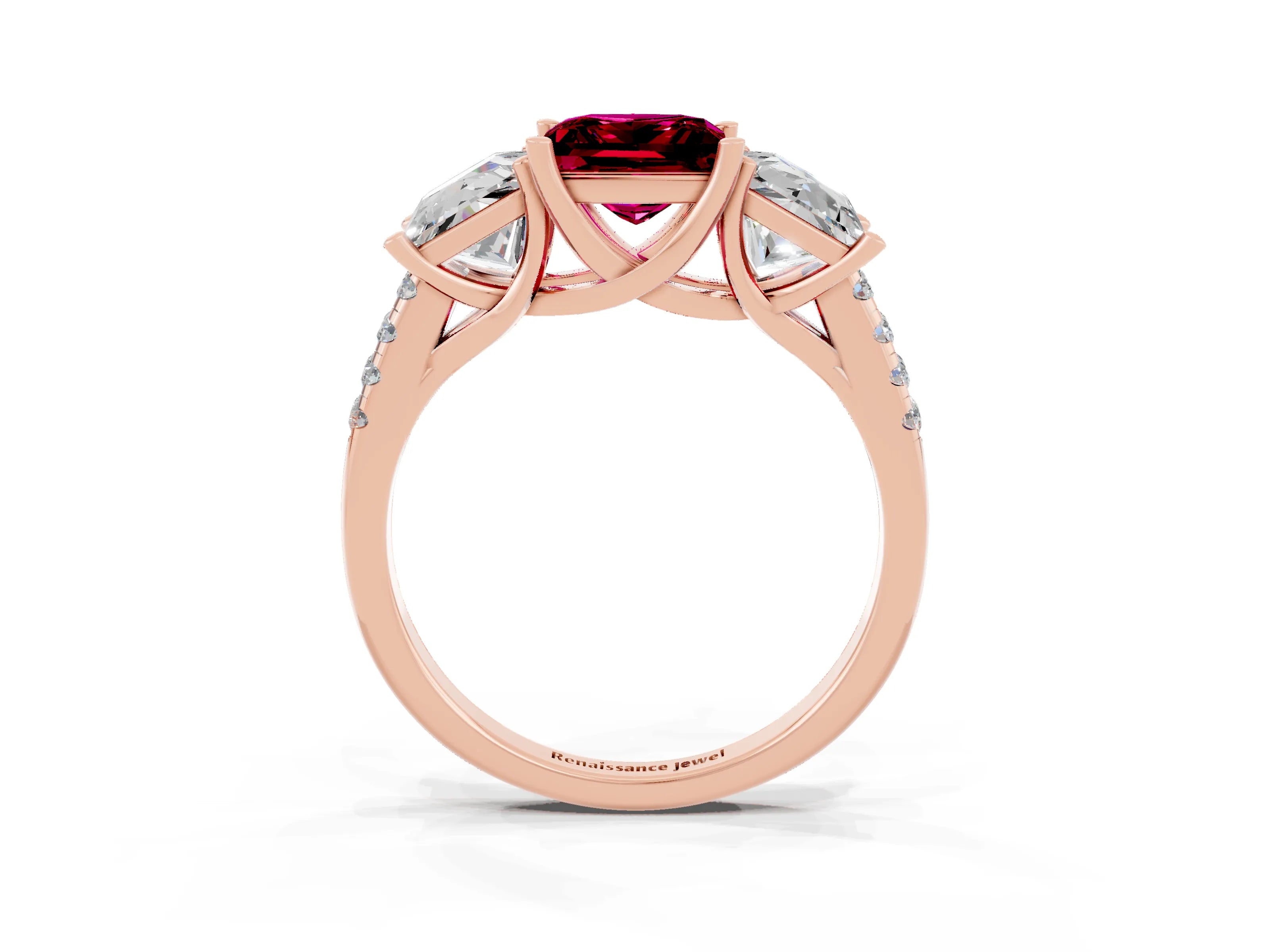 Rose gold Three-Stone Princess Cut Garnet Ring with Round  Pavé Band and Prong Setting_27