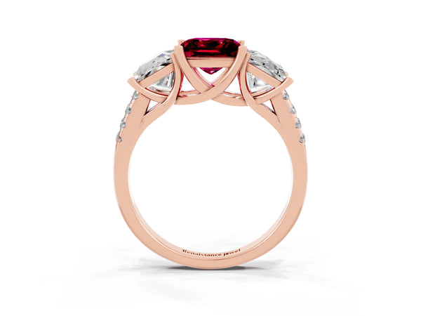 Rose gold Three-Stone Princess Cut Garnet Ring with Round  Pavé Band and Prong Setting