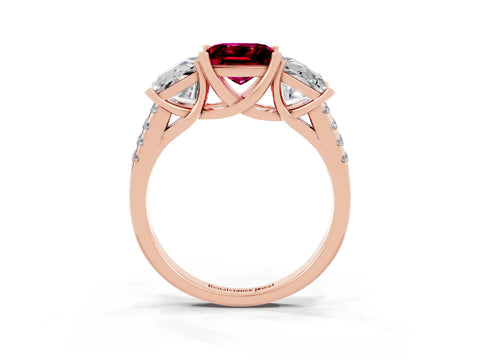 Rose gold Three-Stone Princess Cut Garnet Ring with Round  Pavé Band and Prong Setting_27