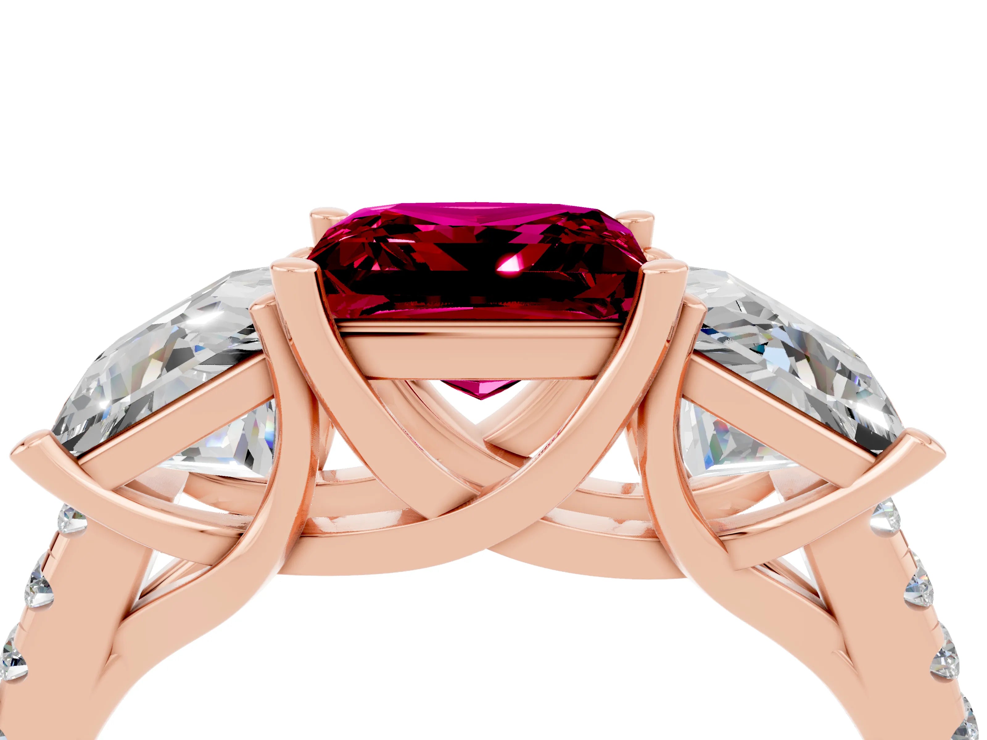 Rose gold Three-Stone Princess Cut Garnet Ring with Round  Pavé Band and Prong Setting_28
