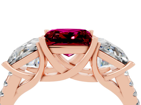 Rose gold Three-Stone Princess Cut Garnet Ring with Round  Pavé Band and Prong Setting_28