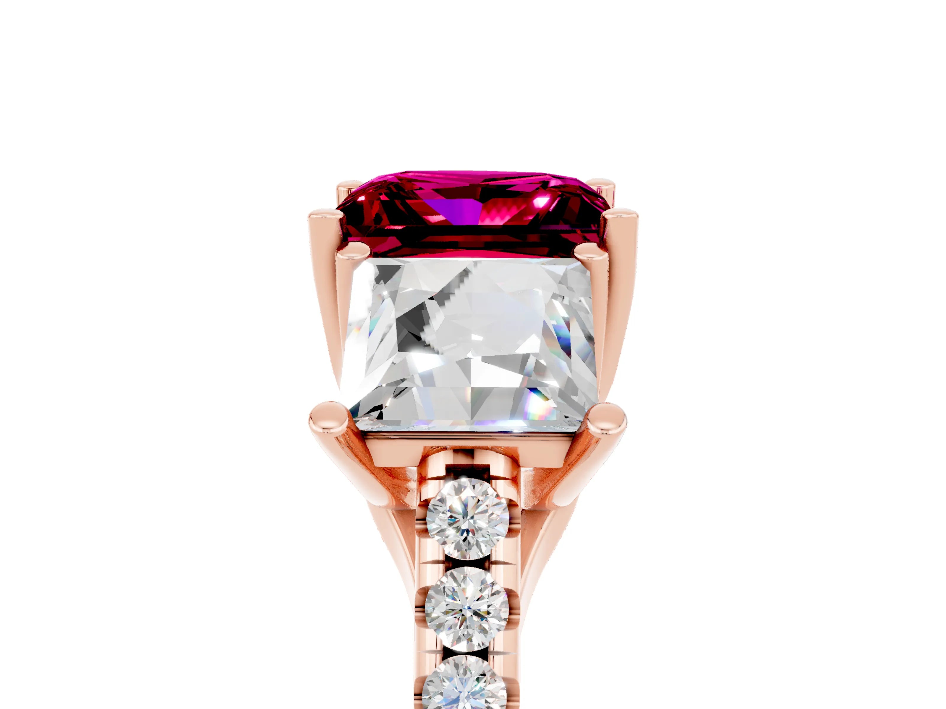 Rose gold Three-Stone Princess Cut Garnet Ring with Round  Pavé Band and Prong Setting_29