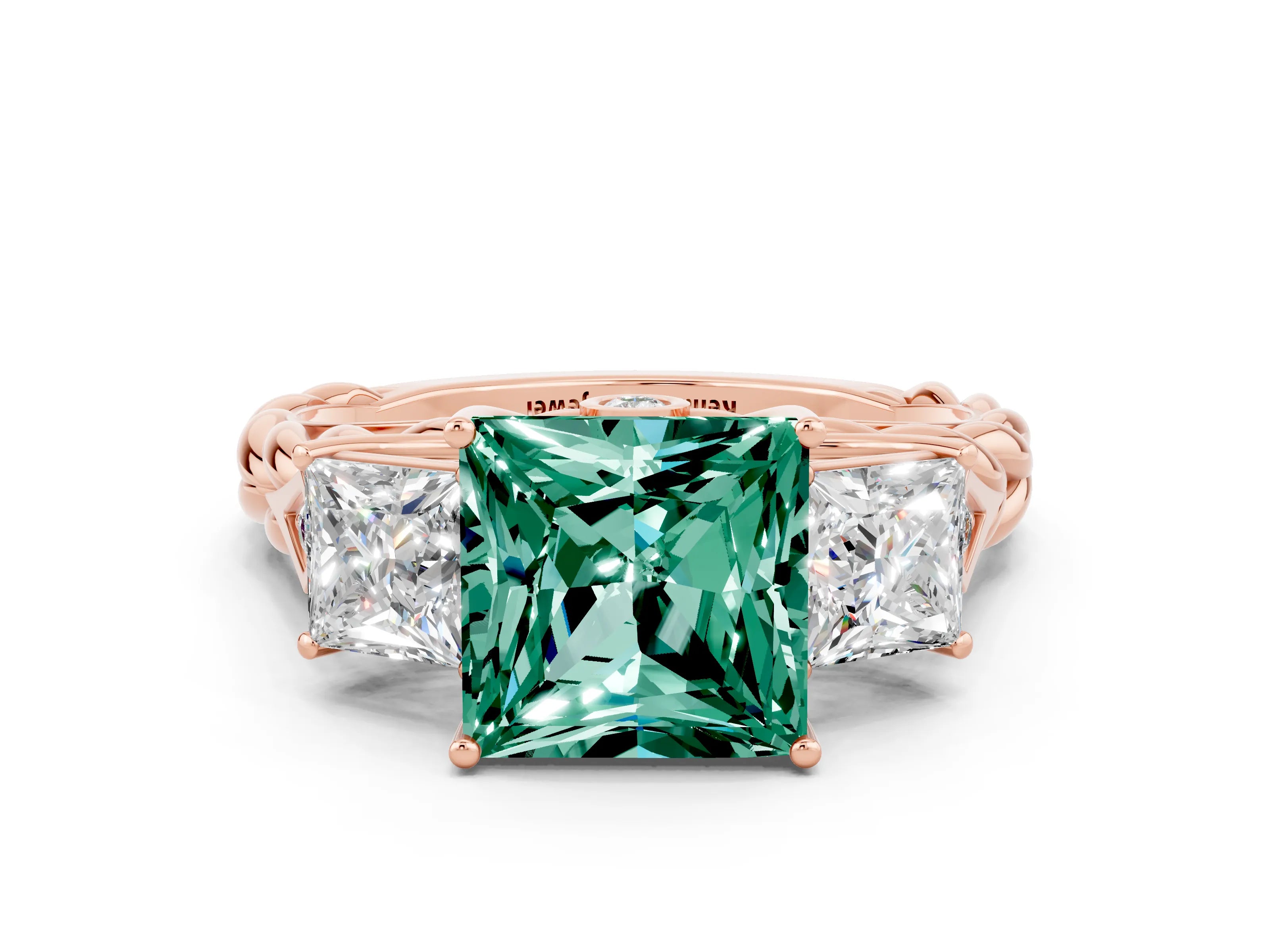 Rose gold Three-Stone Princess Cut Green Sapphire Braided Band Ring with Four-Prong Setting_12