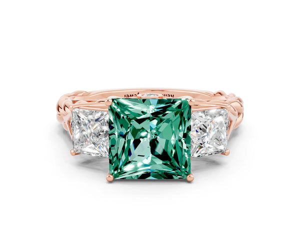 Rose gold Three-Stone Princess Cut Green Sapphire Braided Band Ring with Four-Prong Setting