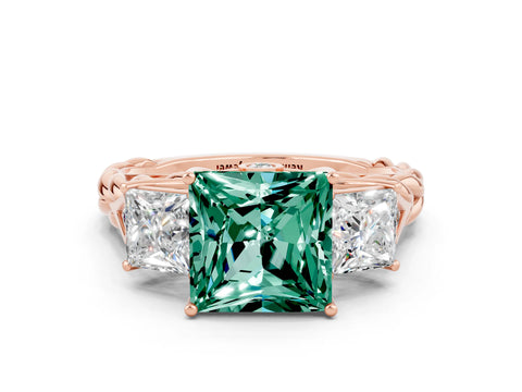 Rose gold Three-Stone Princess Cut Green Sapphire Braided Band Ring with Four-Prong Setting_12