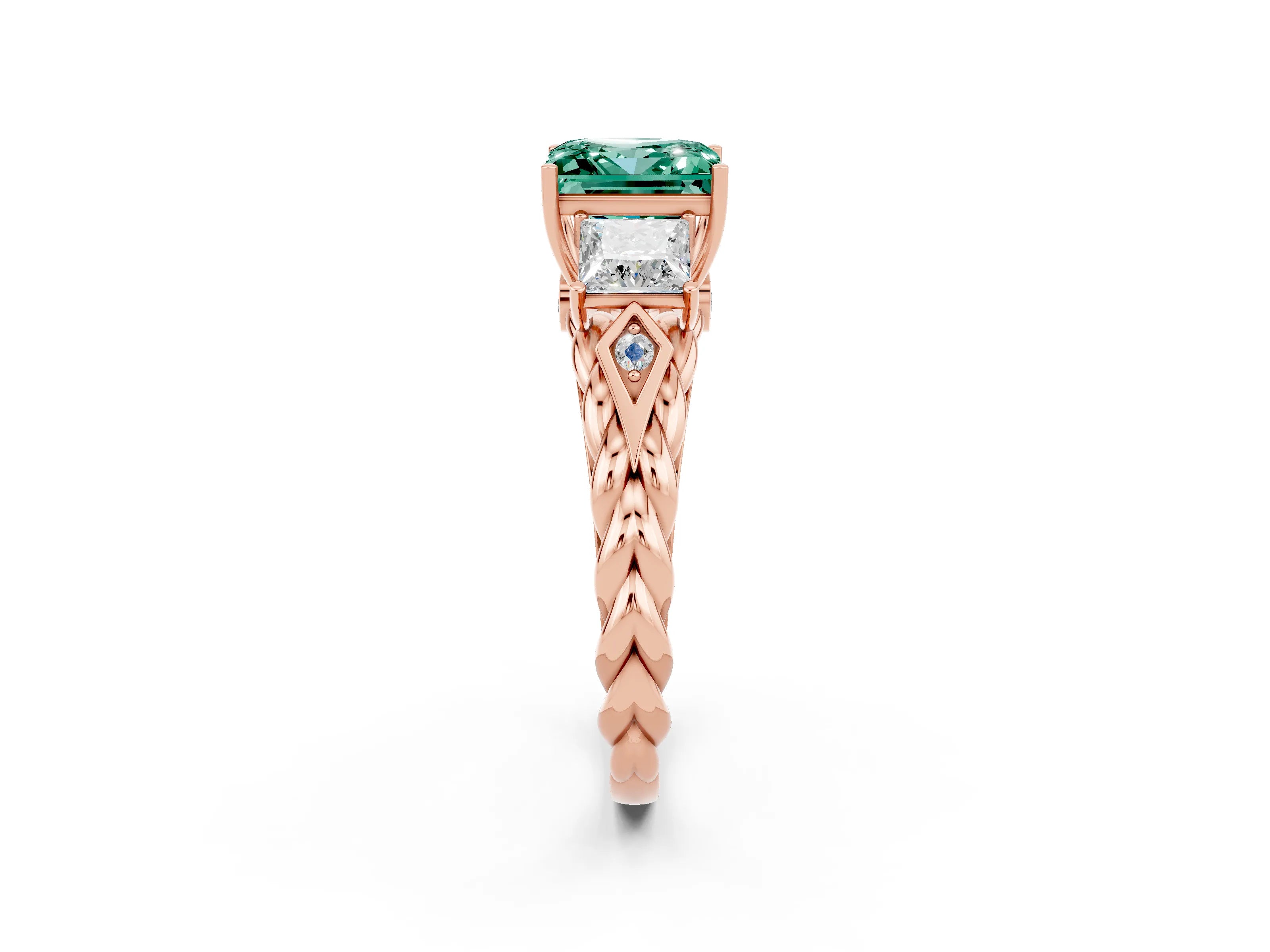 Rose gold Three-Stone Princess Cut Green Sapphire Braided Band Ring with Four-Prong Setting_14