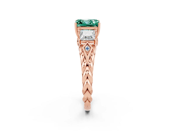 Rose gold Three-Stone Princess Cut Green Sapphire Braided Band Ring with Four-Prong Setting