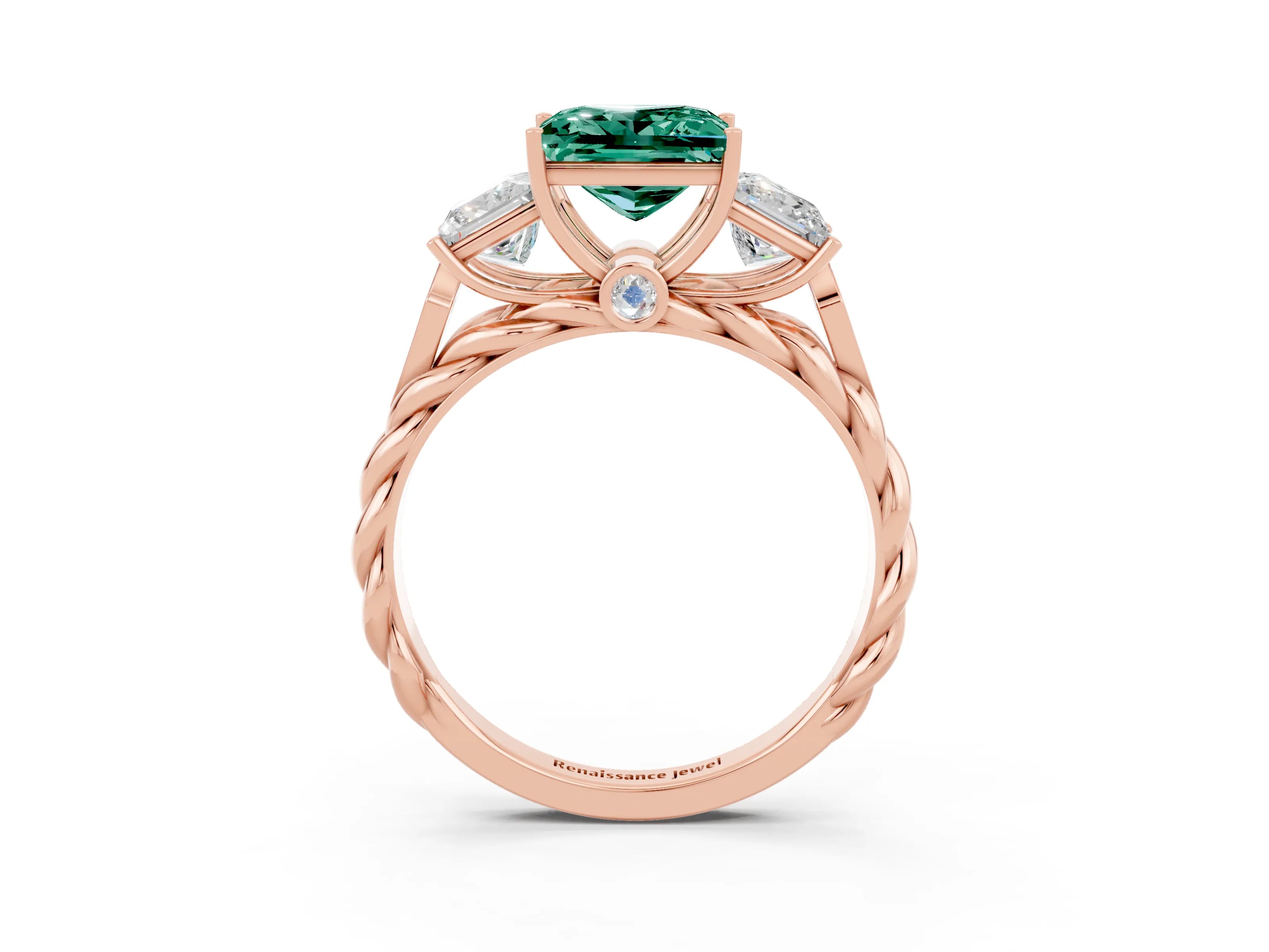 Rose gold Three-Stone Princess Cut Green Sapphire Braided Band Ring with Four-Prong Setting_15