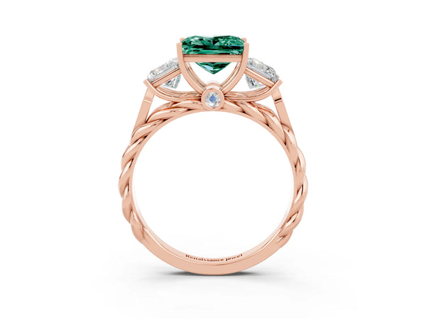 Rose gold Three-Stone Princess Cut Green Sapphire Braided Band Ring with Four-Prong Setting