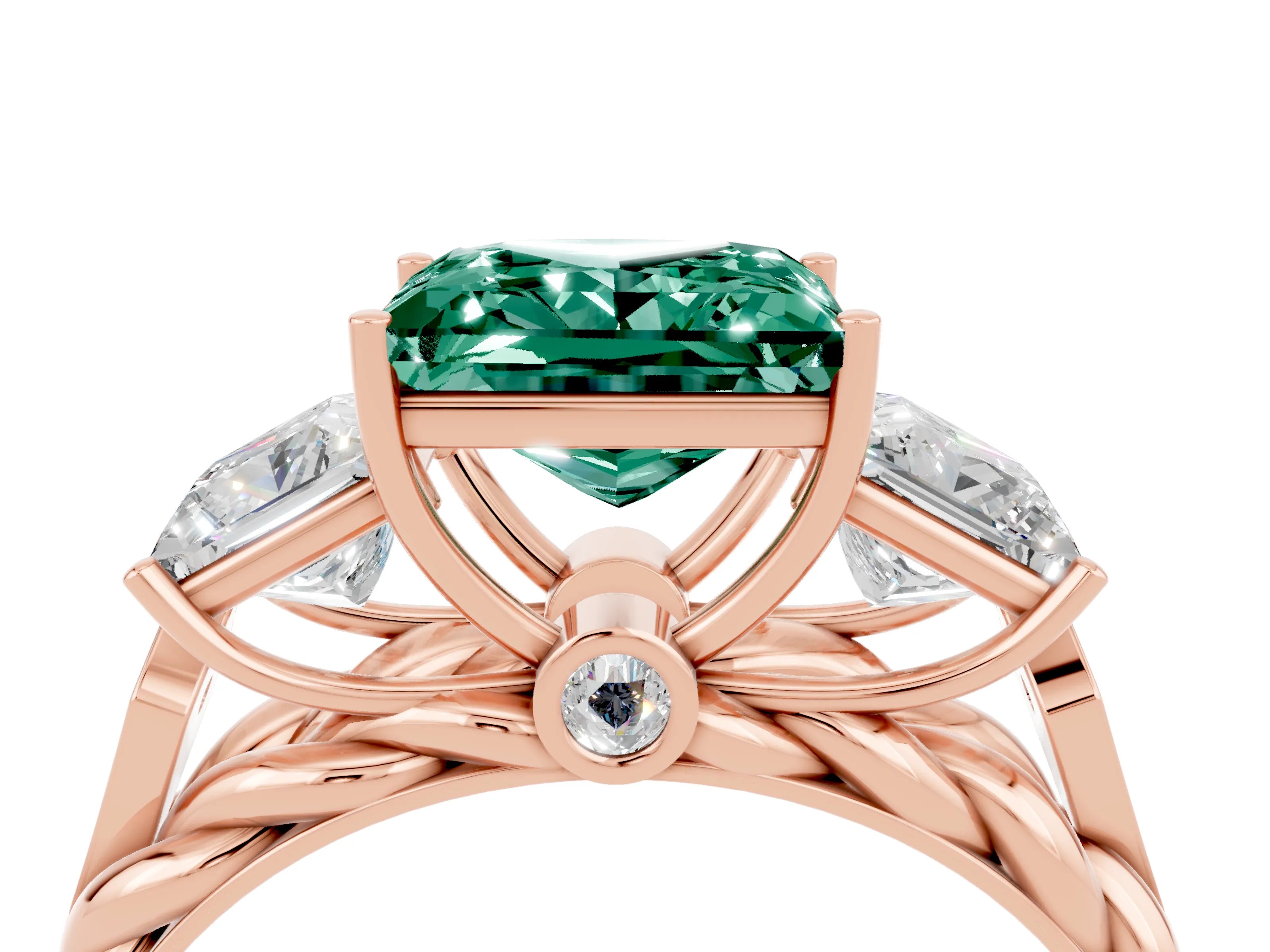 Rose gold Three-Stone Princess Cut Green Sapphire Braided Band Ring with Four-Prong Setting_16