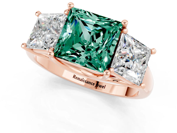 Rose gold Three-Stone Princess Cut Green Sapphire Engagement Ring with Prong Setting