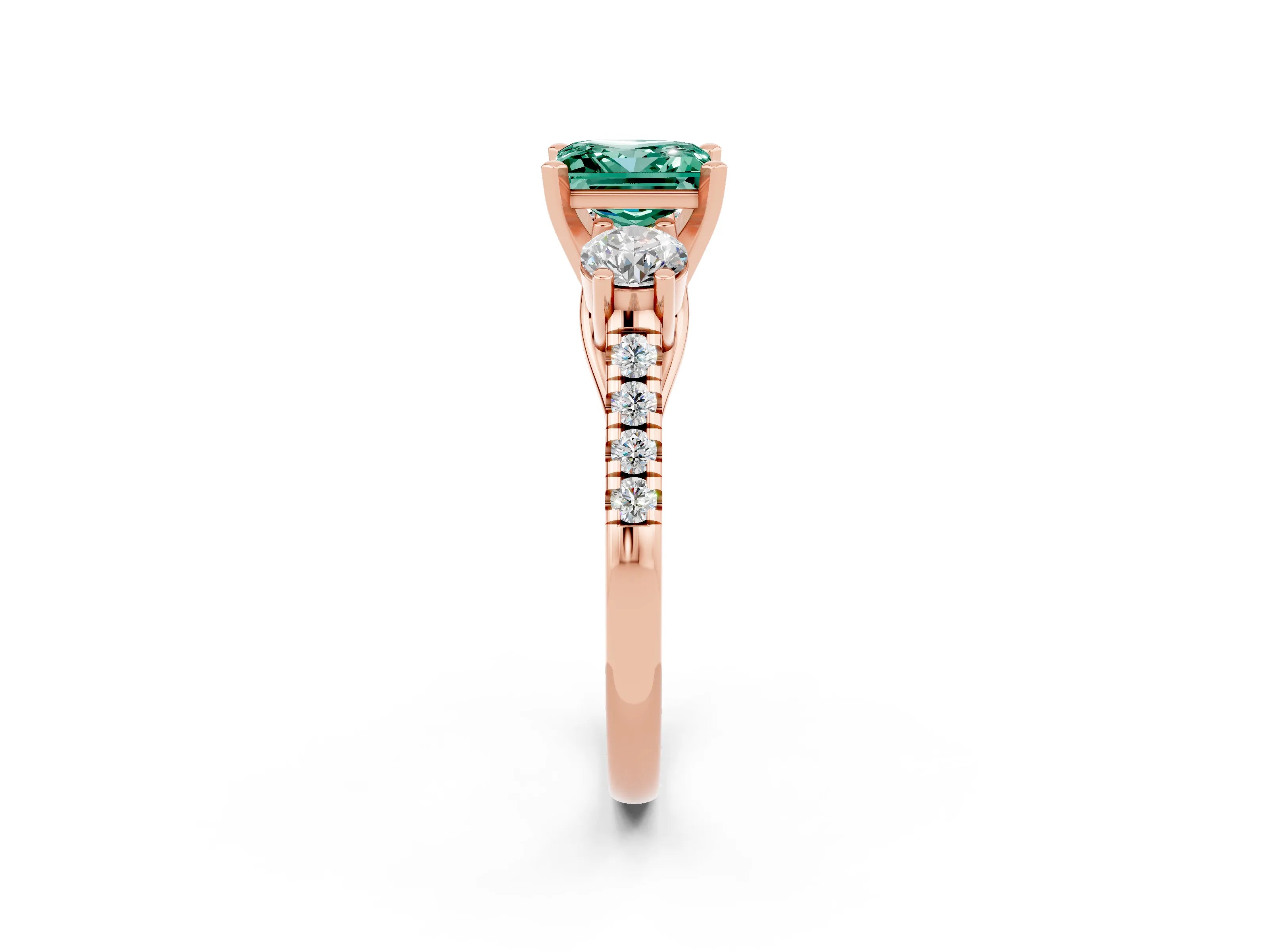 Rose gold Three-Stone Princess Cut Green Sapphire Pavé Band with Four-Prong Setting_2