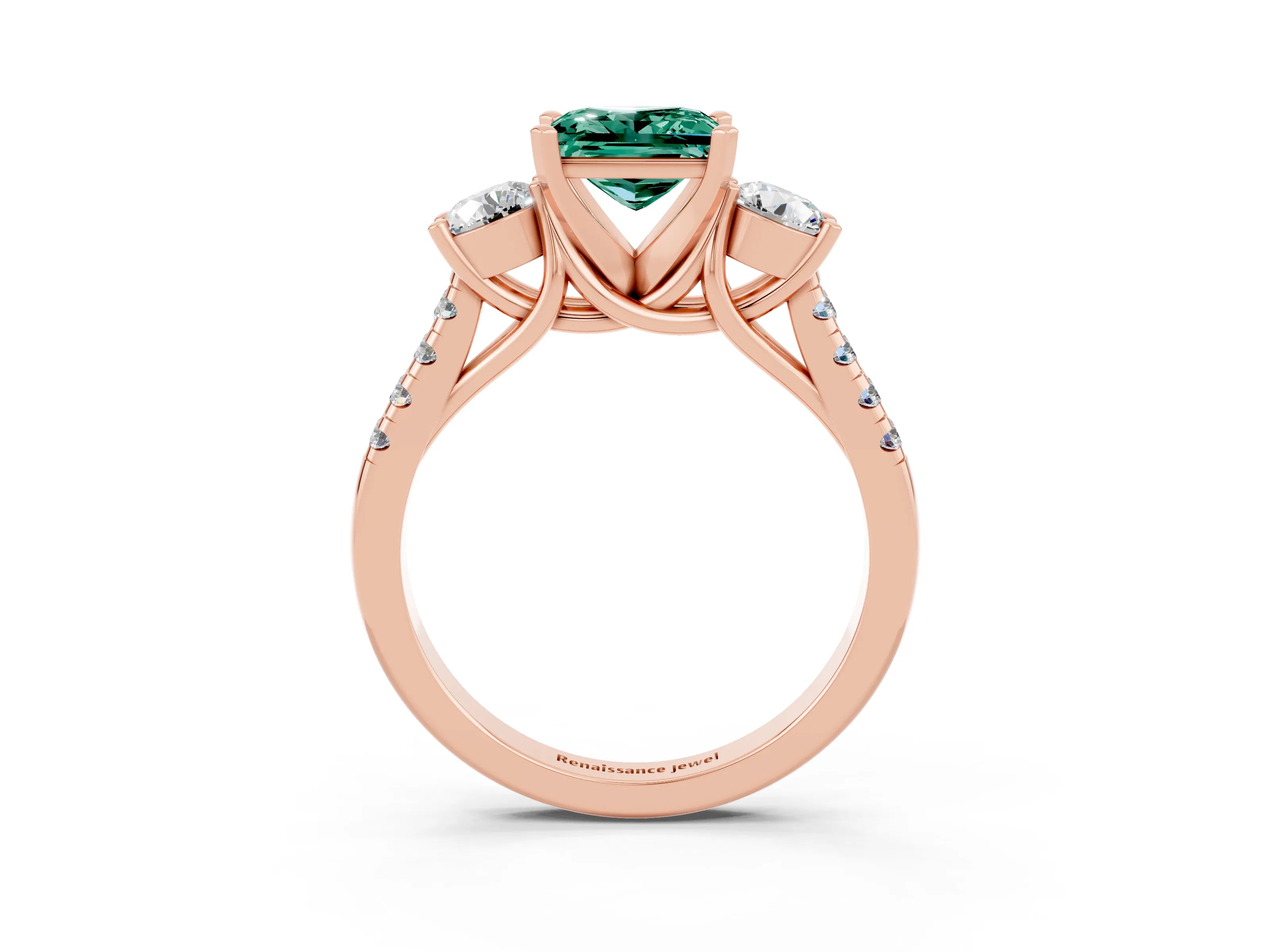 Rose gold Three-Stone Princess Cut Green Sapphire Pavé Band with Four-Prong Setting_3