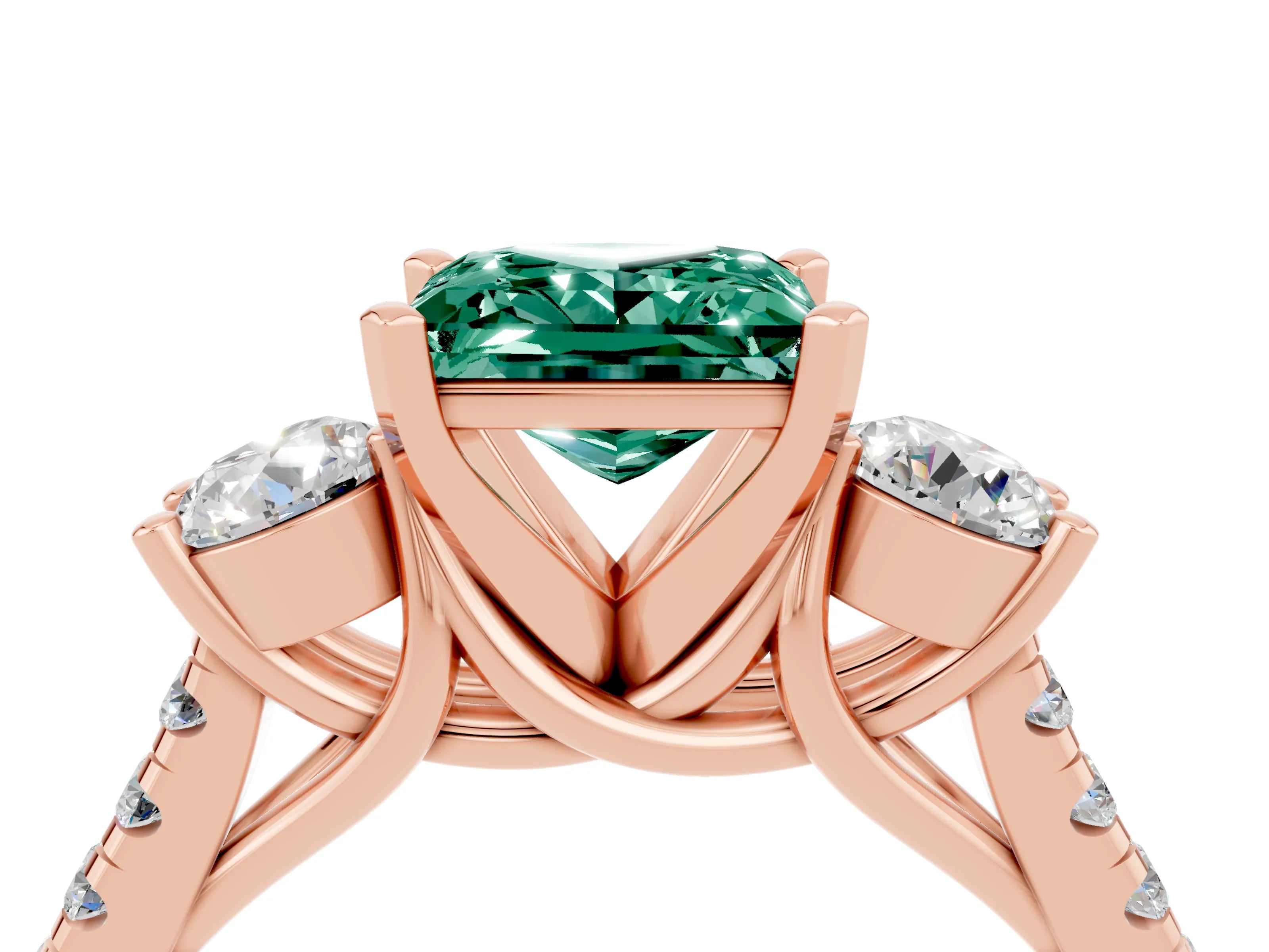Rose gold Three-Stone Princess Cut Green Sapphire Pavé Band with Four-Prong Setting_4