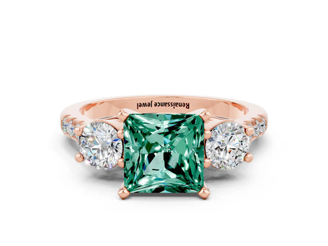 Rose gold Three-Stone Princess Cut Green Sapphire Pavé Band with Four-Prong Setting