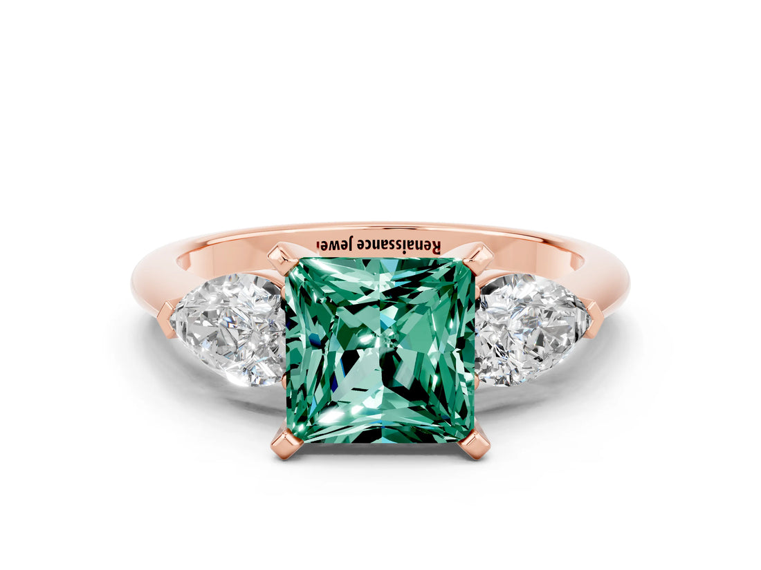 Rose gold Three-Stone Princess Cut Green Sapphire Ring with Pear Side Stones and Four-Prong Setting