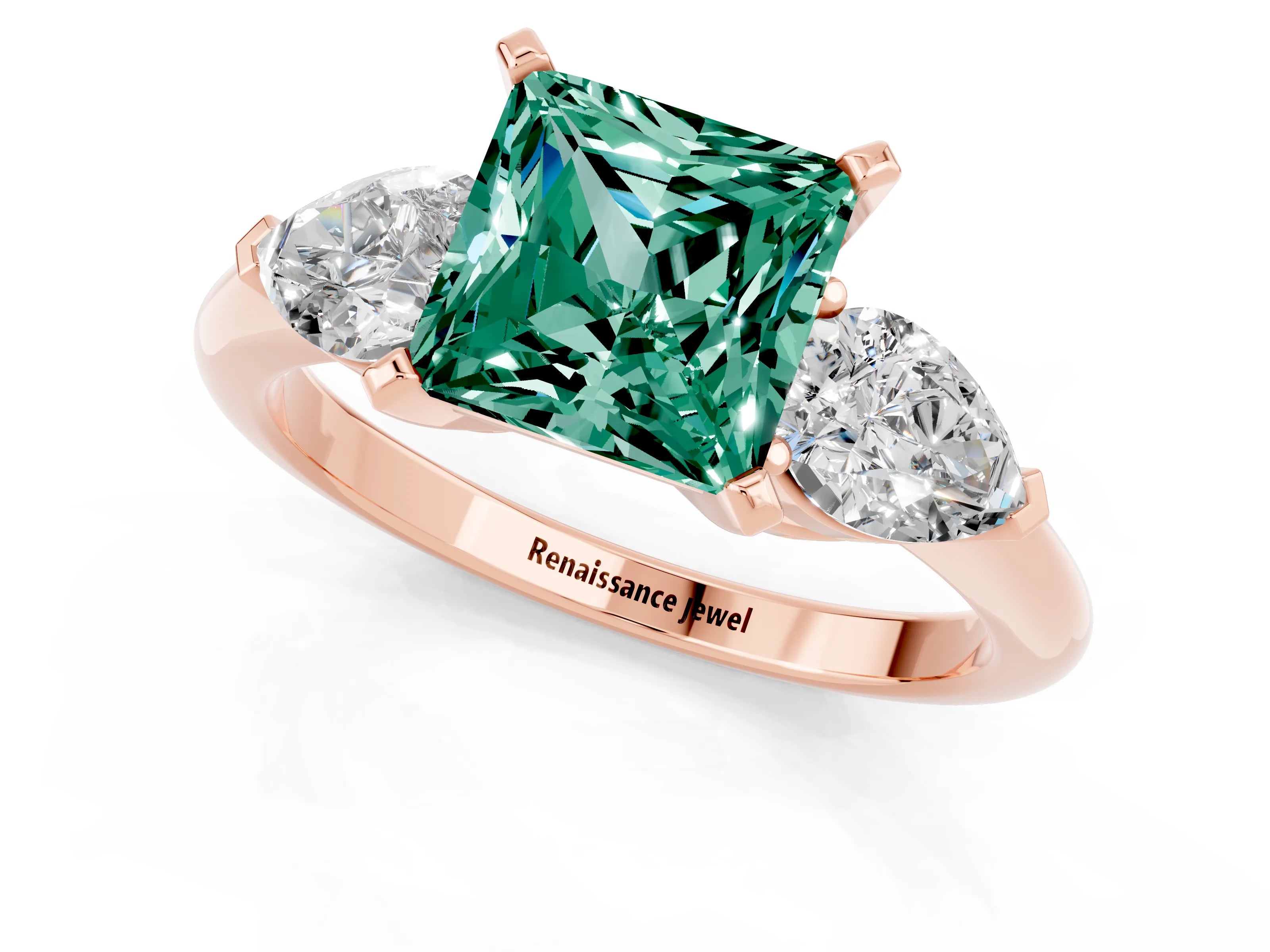 Rose gold Three-Stone Princess Cut Green Sapphire Ring with Pear Side Stones and Four-Prong Setting_1