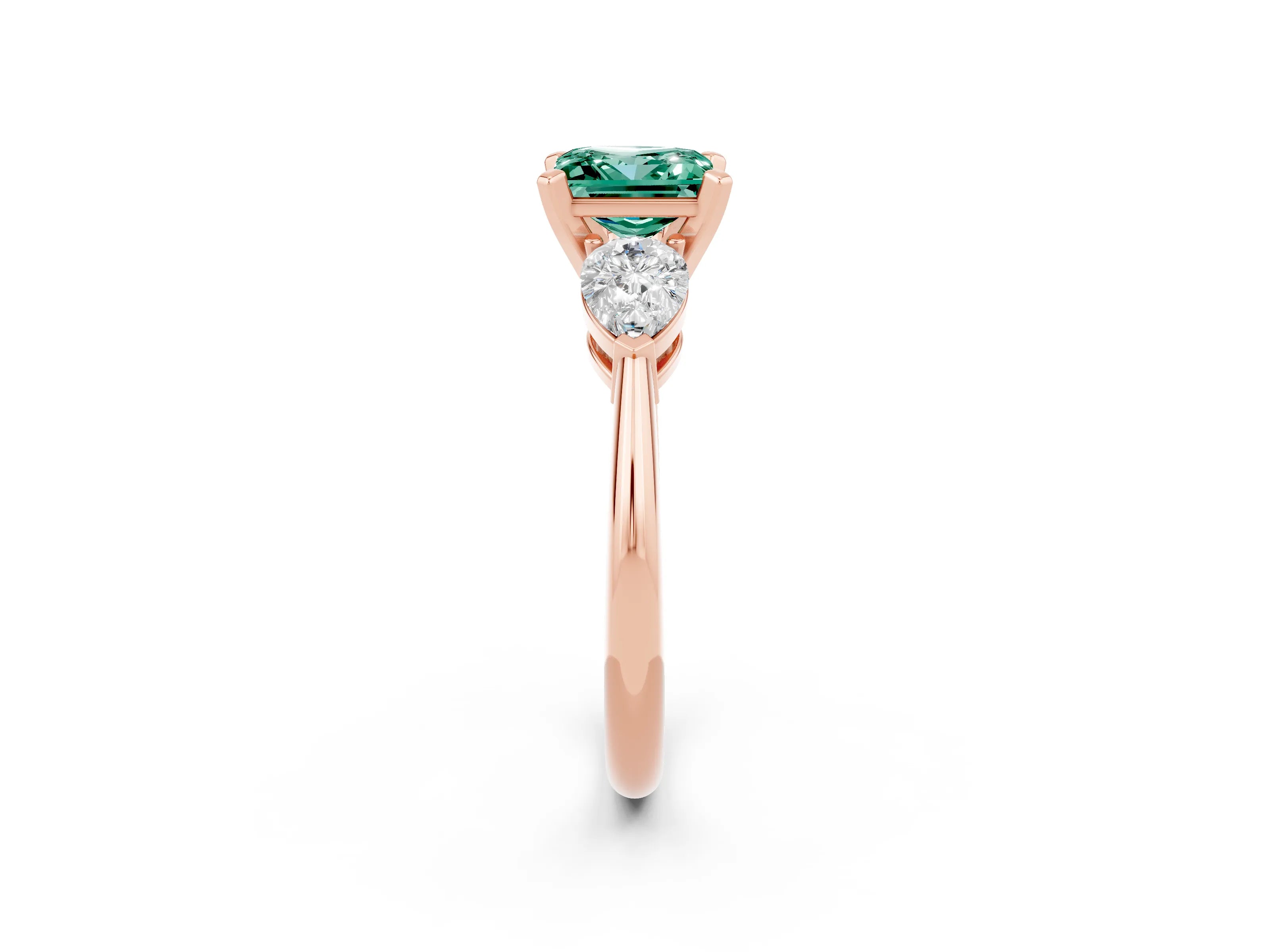 Rose gold Three-Stone Princess Cut Green Sapphire Ring with Pear Side Stones and Four-Prong Setting_2