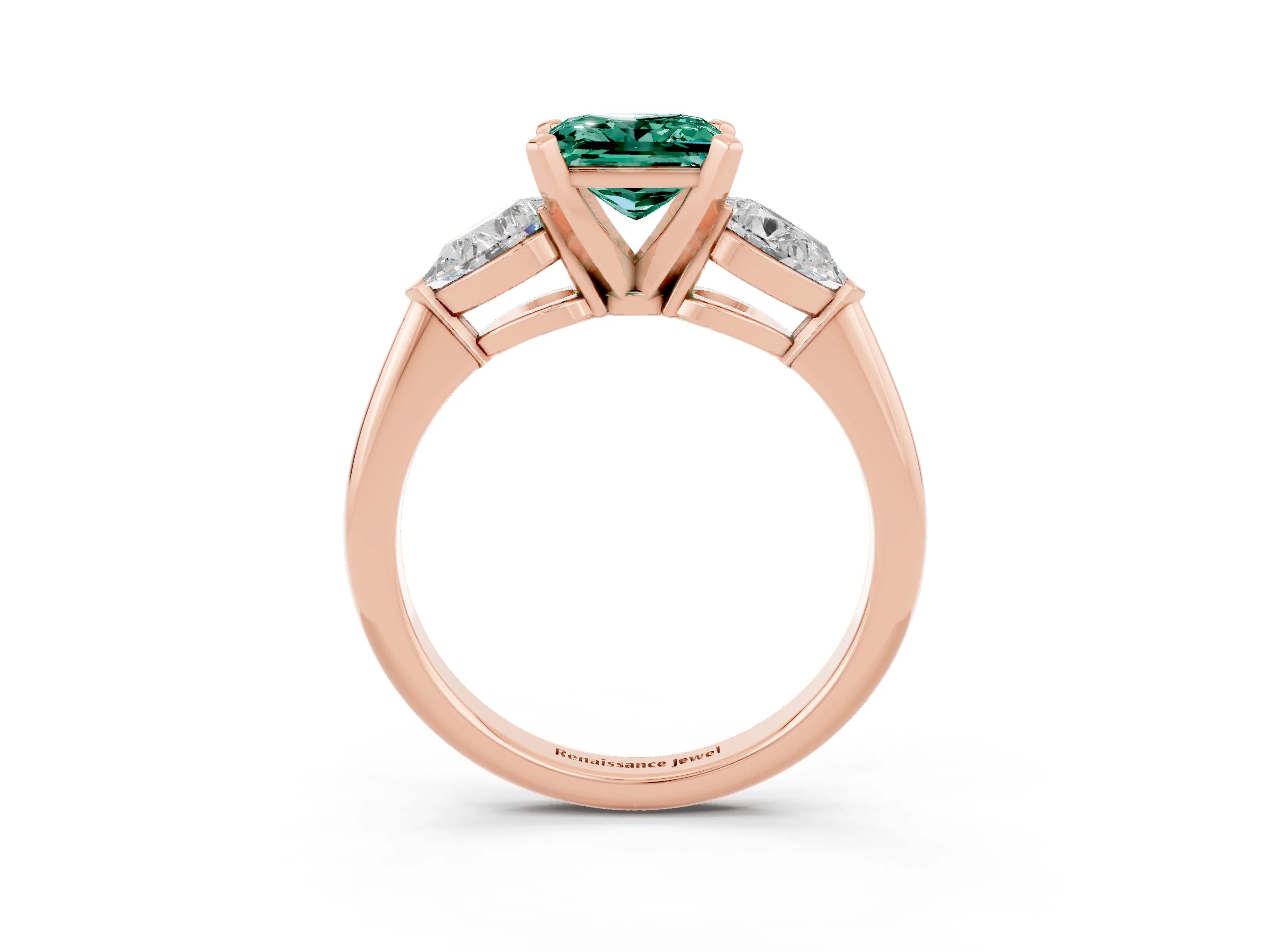 Rose gold Three-Stone Princess Cut Green Sapphire Ring with Pear Side Stones and Four-Prong Setting_3
