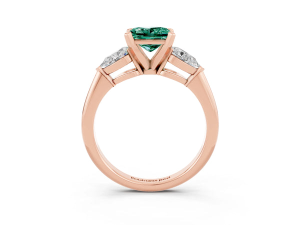 Rose gold Three-Stone Princess Cut Green Sapphire Ring with Pear Side Stones and Four-Prong Setting