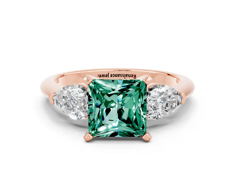 Rose gold Three-Stone Princess Cut Green Sapphire Ring with Pear Side Stones and Four-Prong Setting