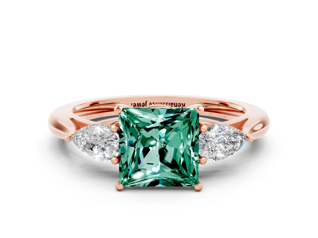 Rose gold Three-Stone Princess Cut Green Sapphire Ring with Pear  Side Stones in Four-Prong Setting_12