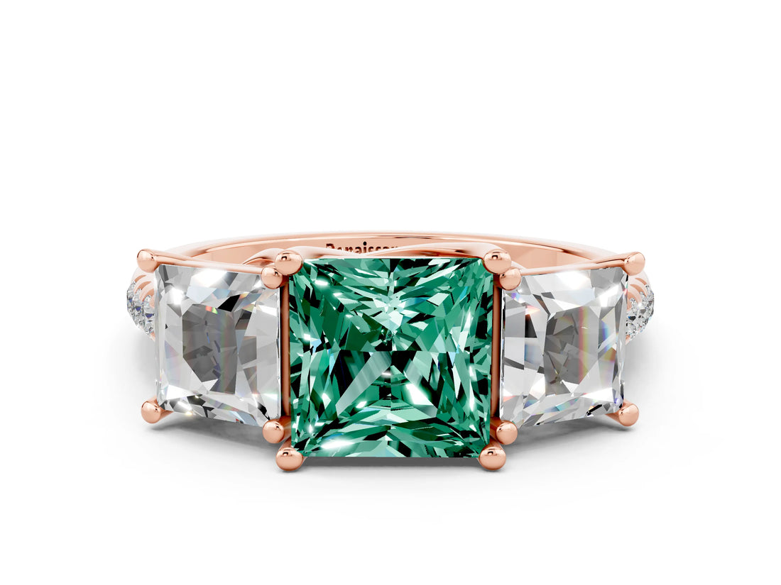 Rose gold Three-Stone Princess Cut Green Sapphire Ring with Round  Pavé Band and Prong Setting_12