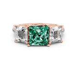 Rose gold Three-Stone Princess Cut Green Sapphire Ring with Round  Pavé Band and Prong Setting_12