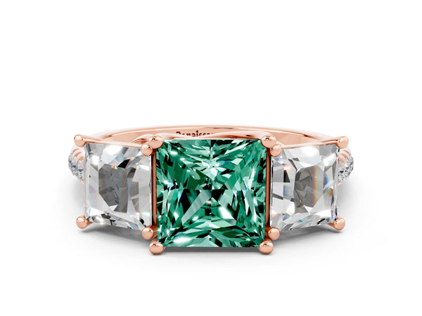 Rose gold Three-Stone Princess Cut Green Sapphire Ring with Round  Pavé Band and Prong Setting