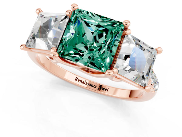 Rose gold Three-Stone Princess Cut Green Sapphire Ring with Round  Pavé Band and Prong Setting