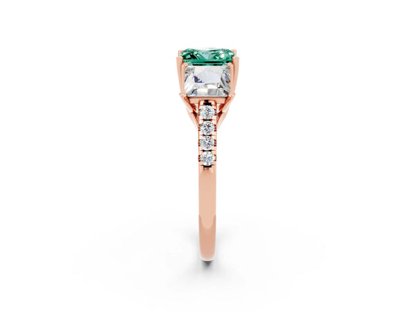 Rose gold Three-Stone Princess Cut Green Sapphire Ring with Round  Pavé Band and Prong Setting