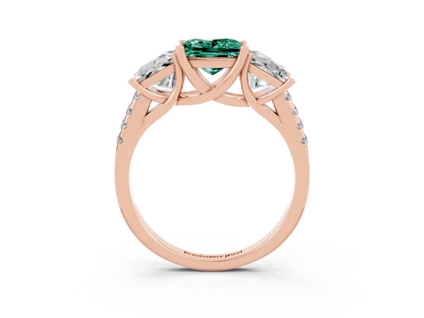 Rose gold Three-Stone Princess Cut Green Sapphire Ring with Round  Pavé Band and Prong Setting