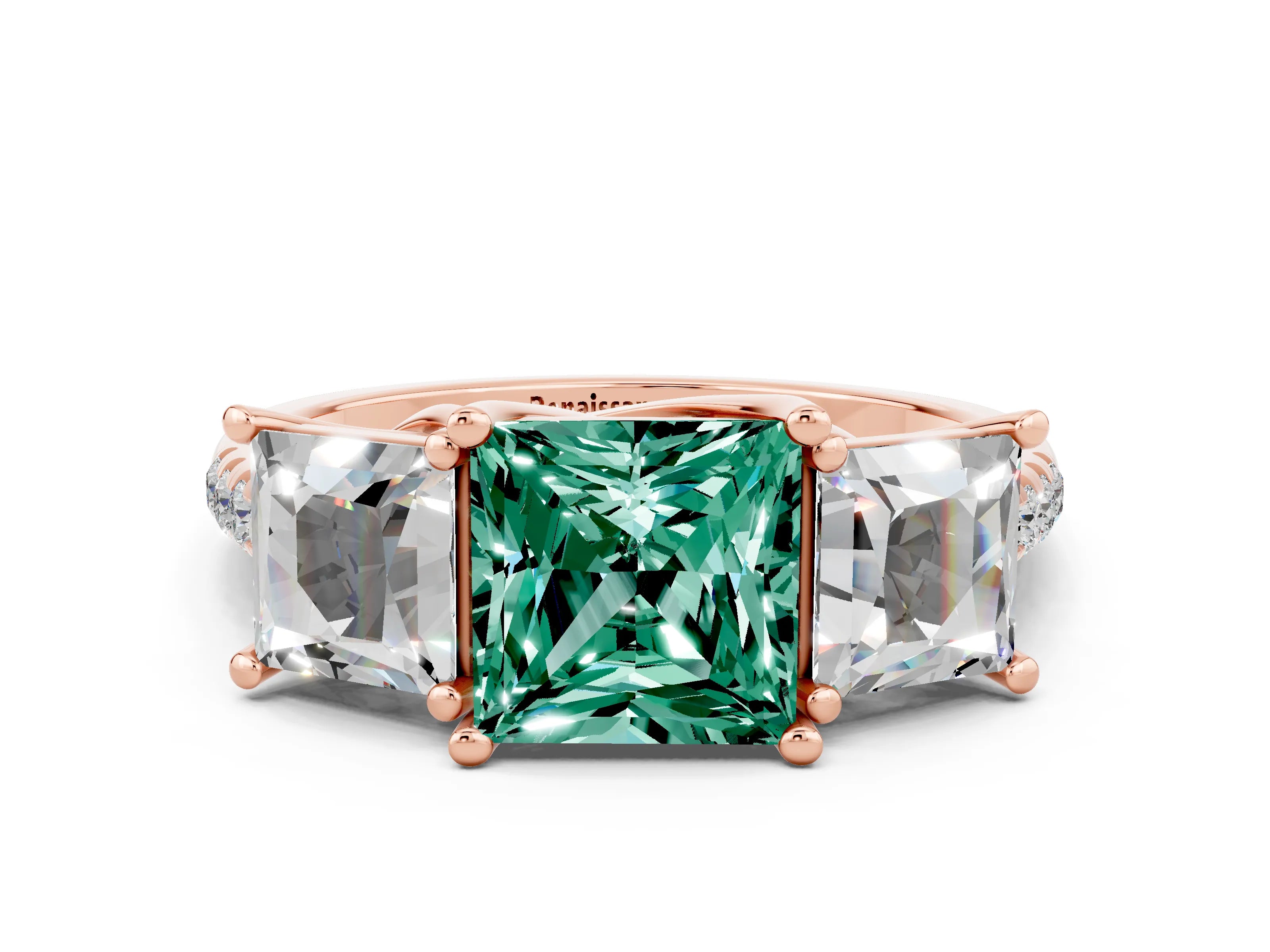 Rose gold Three-Stone Princess Cut Green Sapphire Ring with Round  Pavé Band and Prong Setting_24