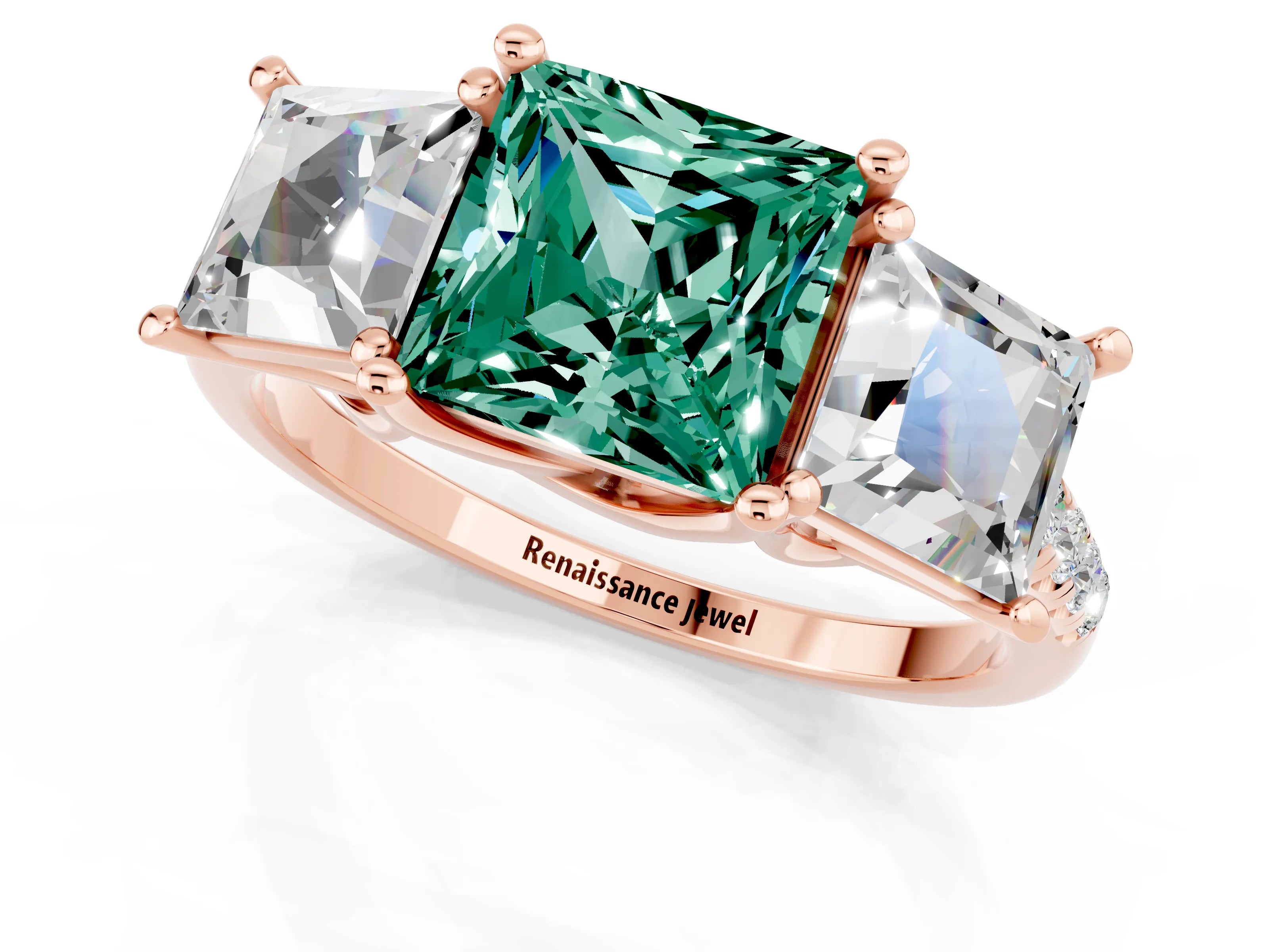 Rose gold Three-Stone Princess Cut Green Sapphire Ring with Round  Pavé Band and Prong Setting_25